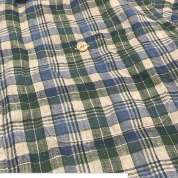 Orvis 100% Linen Button Down Shirt Men’s Sz L Plaid Tropical Beach Resort Pool - Picture 8 of 8